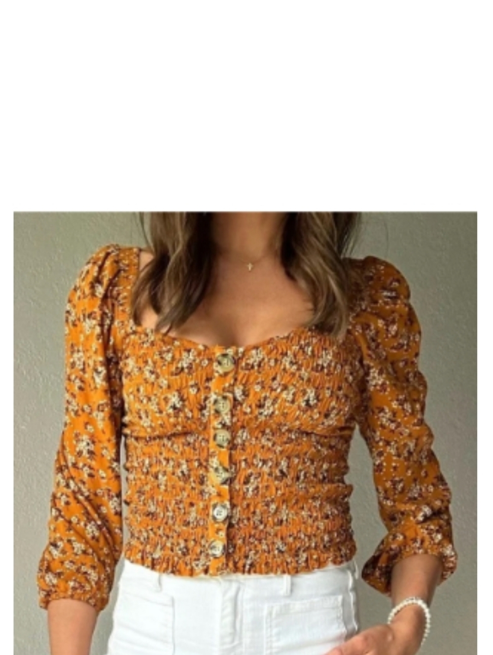 American Eagle Outfitters Smocked Crop Button Down Blouse Floral Size Medium